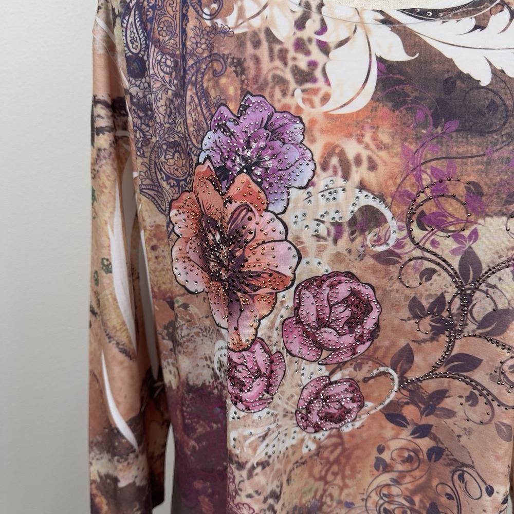 Jess & Jane‎ Top Womens XL Pink Brown Embellished Colorful Artsy Boho Asymmetric - Picture 5 of 13